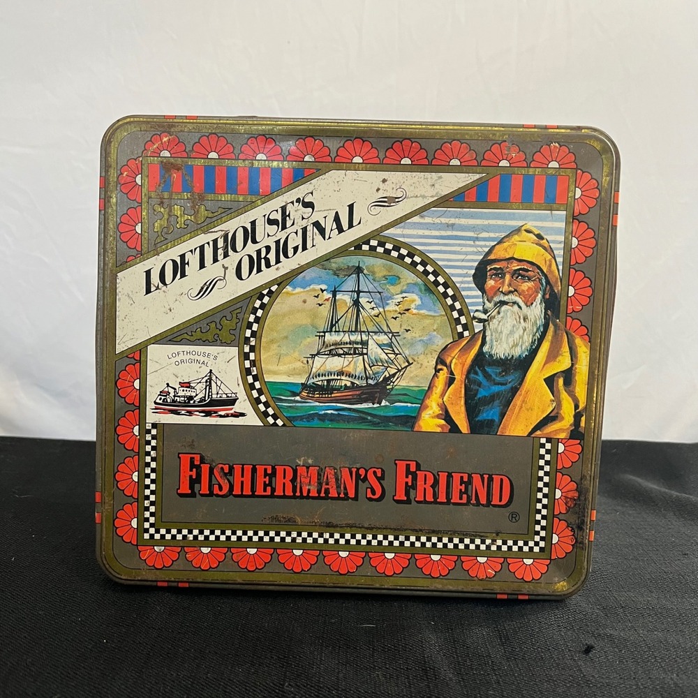 Vintage Lofthouse's Original Fisherman's Friend Nautical Metal Storage Tin 8.5"